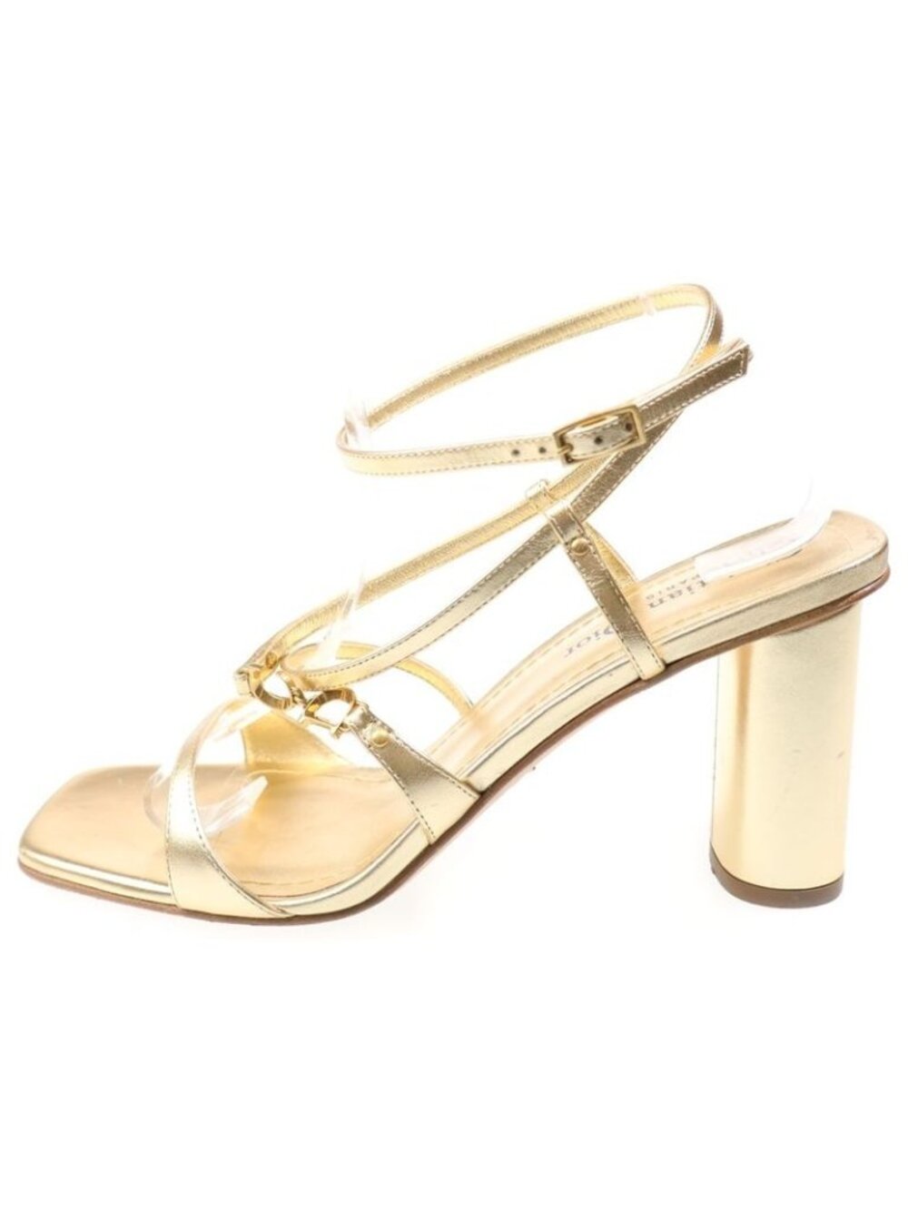 Dior CD Logo Belt Square Toe Heel Strap Sandals Shoes Gold